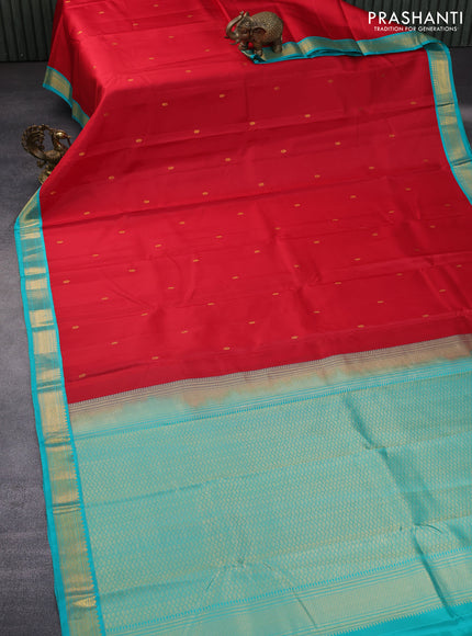 Pure kanchipuram silk saree red and teal blue with zari woven buttas and zari woven korvai border