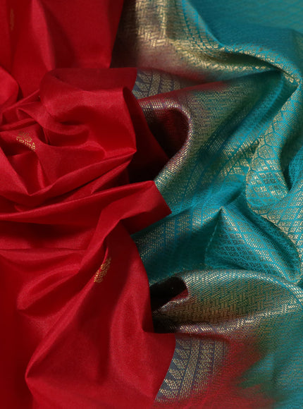 Pure kanchipuram silk saree red and teal blue with zari woven buttas and zari woven korvai border