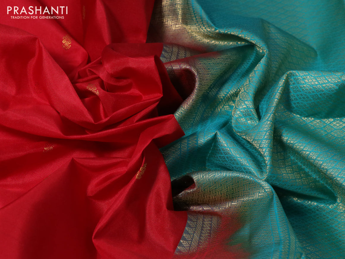 Pure kanchipuram silk saree red and teal blue with zari woven buttas and zari woven korvai border