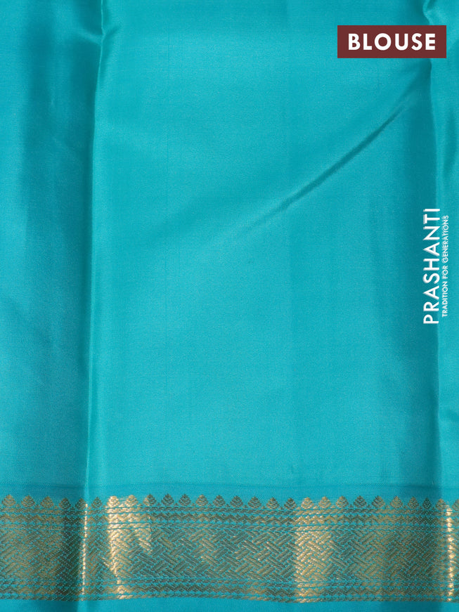 Pure kanchipuram silk saree red and teal blue with zari woven buttas and zari woven korvai border