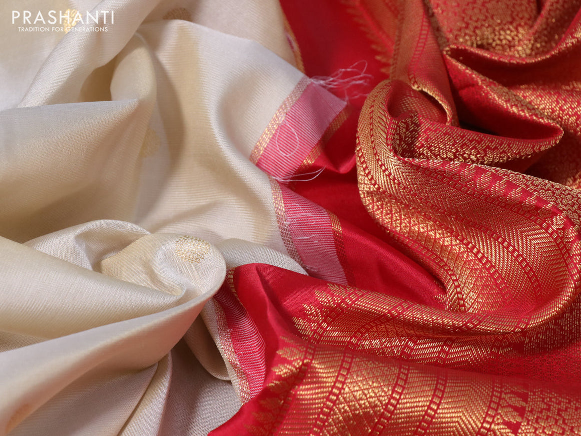 Pure kanchipuram silk saree cream and red with zari woven buttas and temple design zari woven korvai border