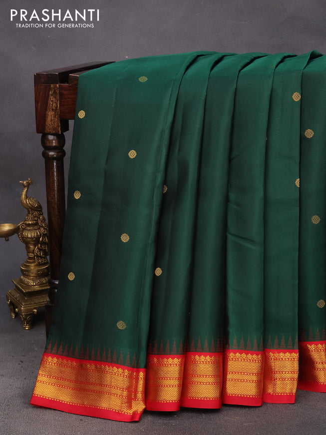 Pure kanchipuram silk saree green and red with zari woven buttas and temple design zari woven korvai border