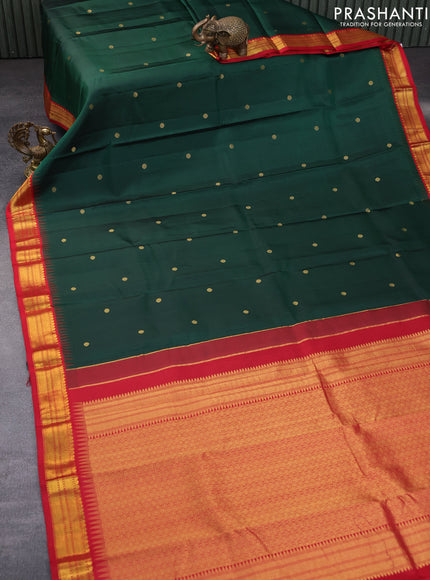 Pure kanchipuram silk saree green and red with zari woven buttas and temple design zari woven korvai border