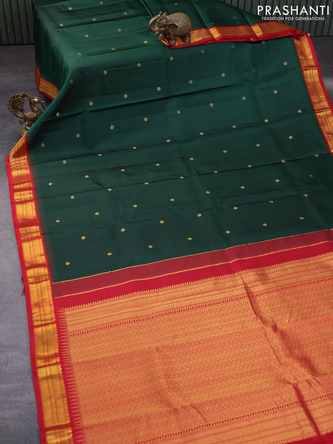 Pure kanchipuram silk saree green and red with zari woven buttas and temple design zari woven korvai border