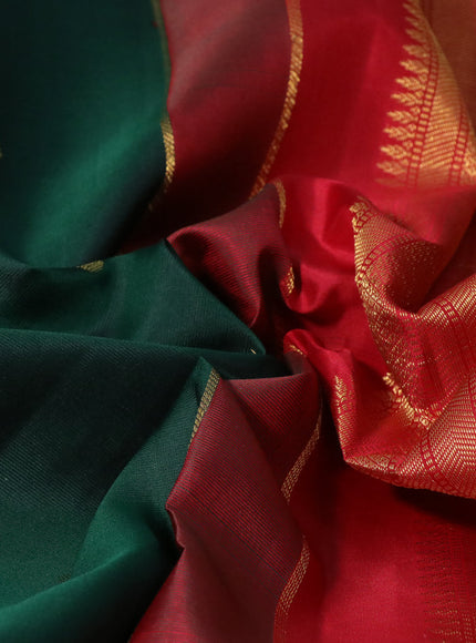 Pure kanchipuram silk saree green and red with zari woven buttas and temple design zari woven korvai border