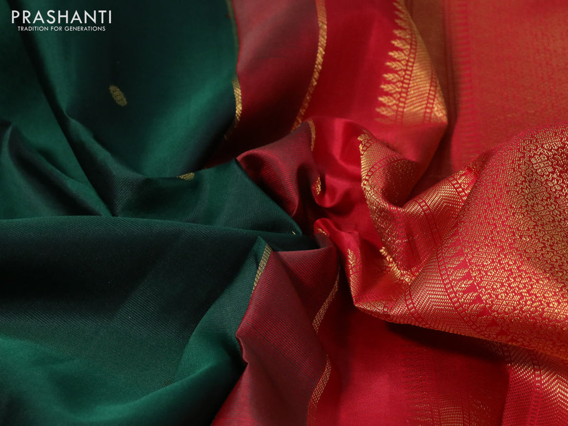 Pure kanchipuram silk saree green and red with zari woven buttas and temple design zari woven korvai border