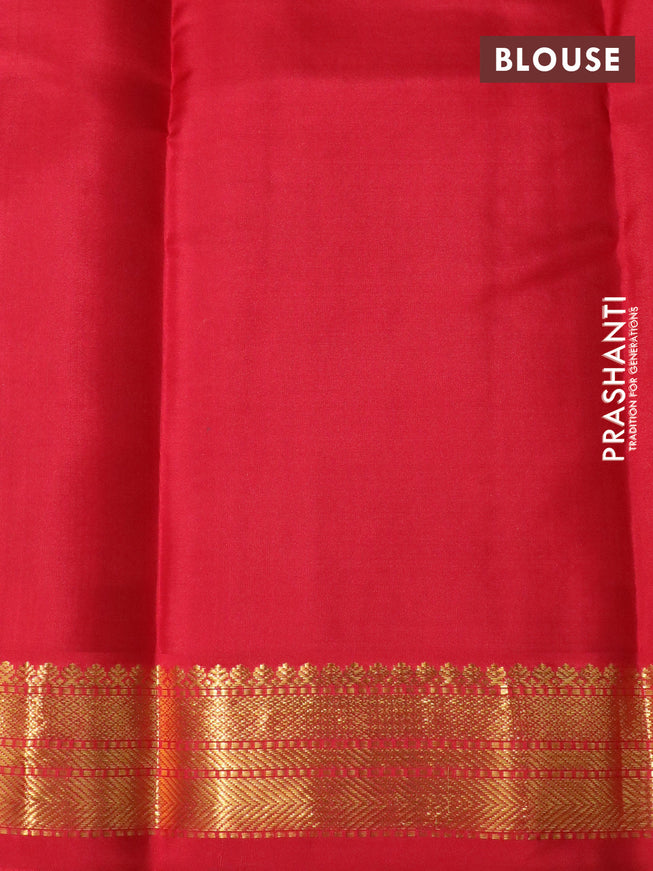 Pure kanchipuram silk saree green and red with zari woven buttas and temple design zari woven korvai border