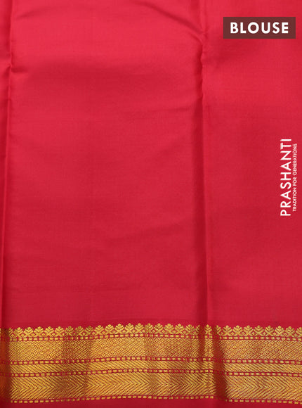 Pure kanchipuram silk saree mango yellow and red with zari woven buttas and temple design zari woven korvai border