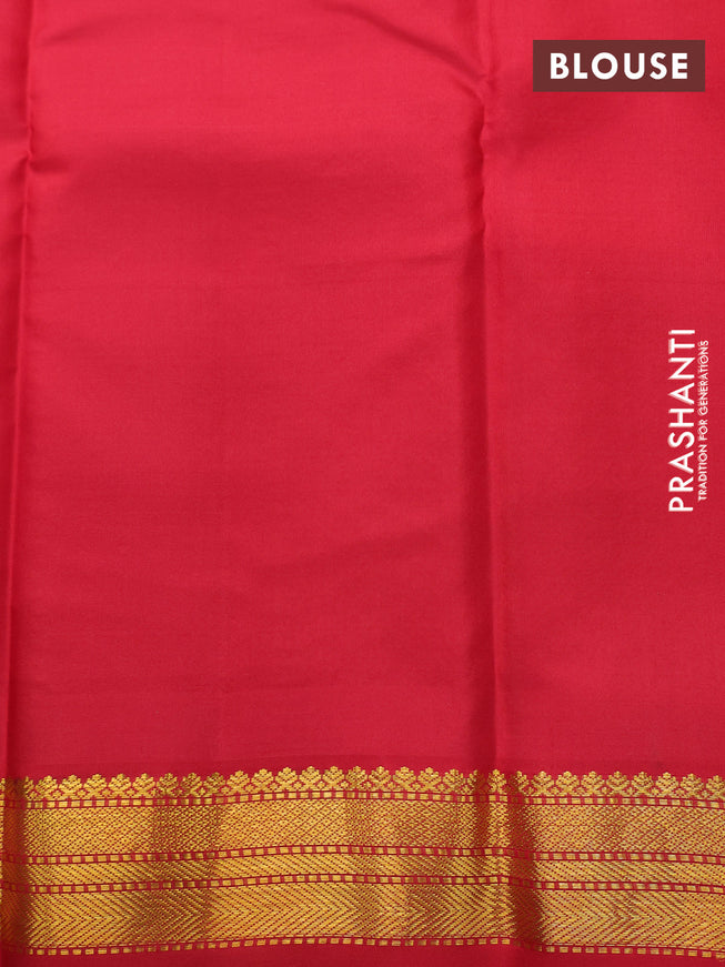 Pure kanchipuram silk saree mango yellow and red with zari woven buttas and temple design zari woven korvai border