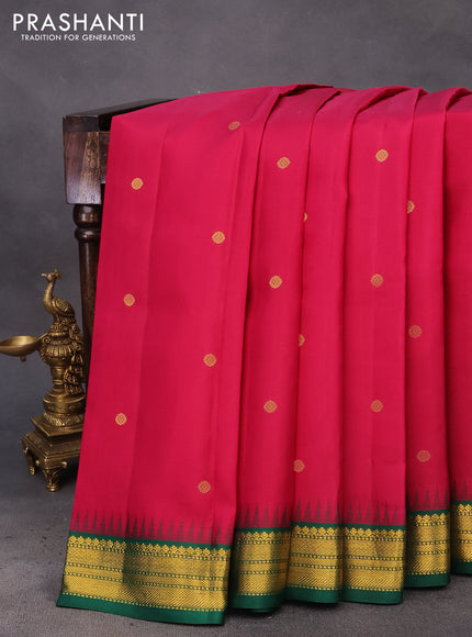 Pure kanchipuram silk saree magenta pink and green with zari woven buttas and temple design zari woven korvai border