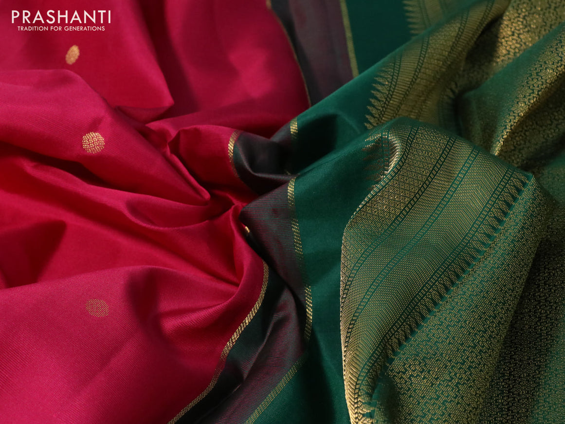 Pure kanchipuram silk saree magenta pink and green with zari woven buttas and temple design zari woven korvai border