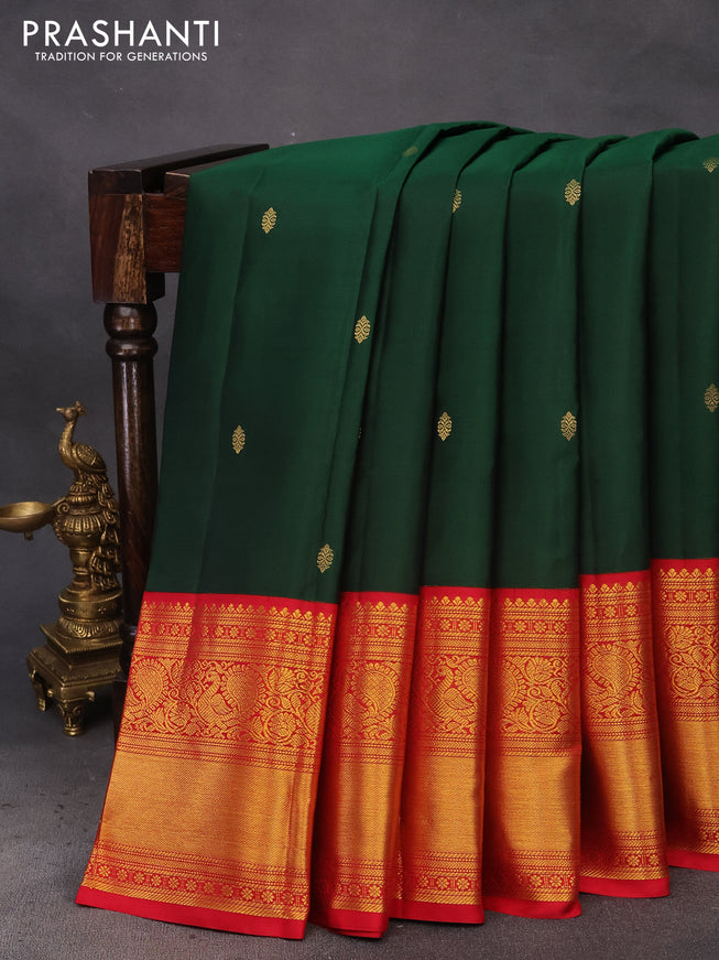 Pure kanchipuram silk saree green and red with zari woven buttas and annam zari woven korvai border