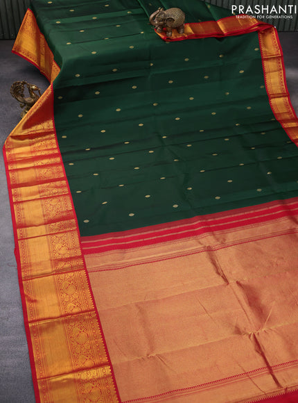 Pure kanchipuram silk saree green and red with zari woven buttas and annam zari woven korvai border