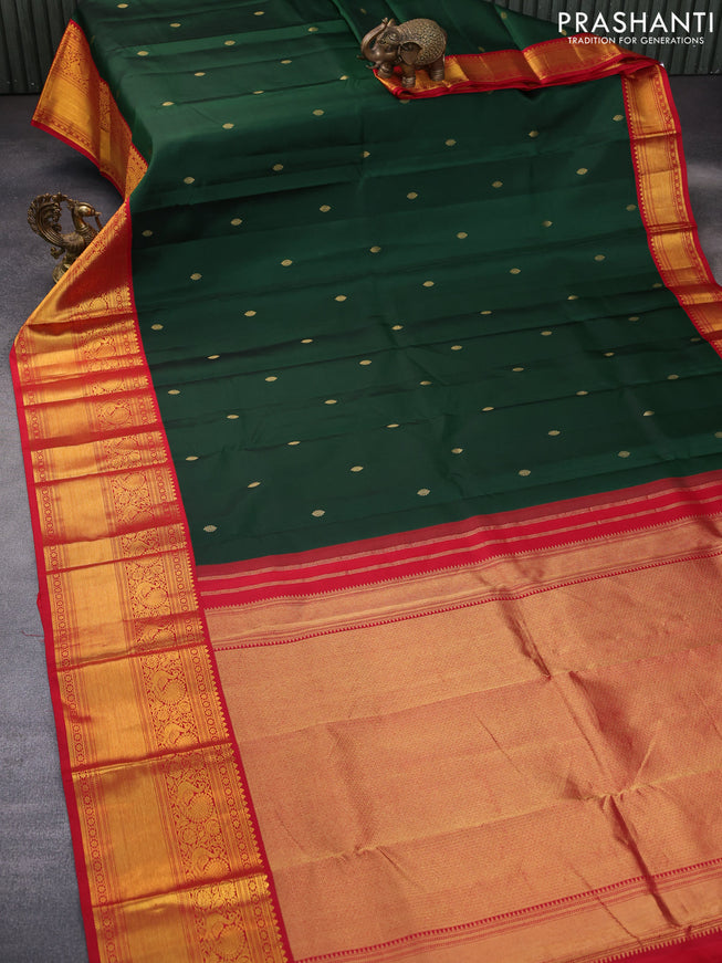 Pure kanchipuram silk saree green and red with zari woven buttas and annam zari woven korvai border