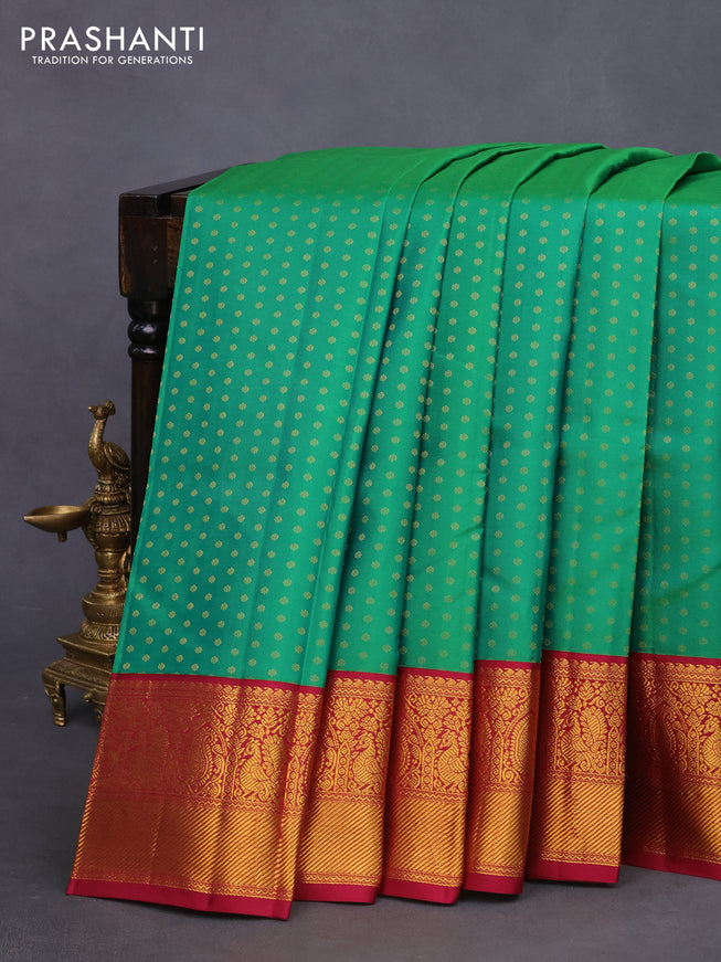 Pure kanchipuram silk saree green and magenta pink with allover zari woven 1000 buttas and rich zari woven korvai border