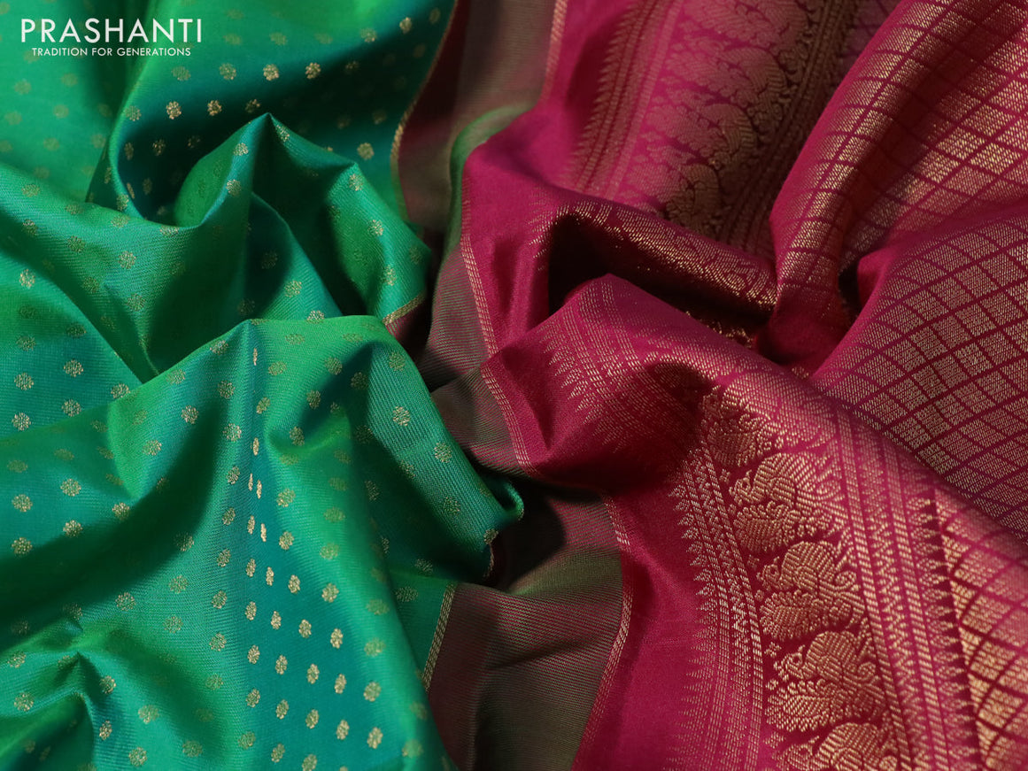 Pure kanchipuram silk saree green and magenta pink with allover zari woven 1000 buttas and rich zari woven korvai border