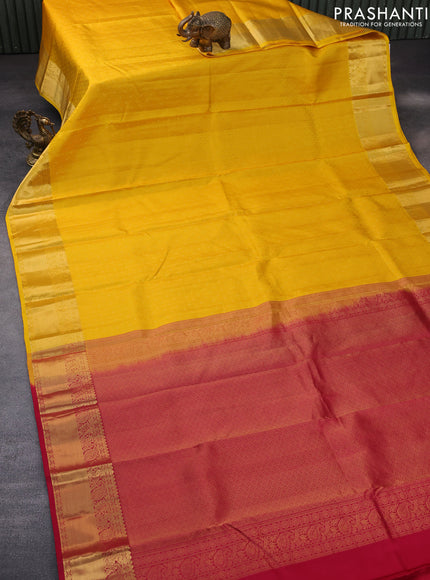 Pure kanchipuram silk saree mango yellow and pink with allover self emboss & zari buttas and zari woven border