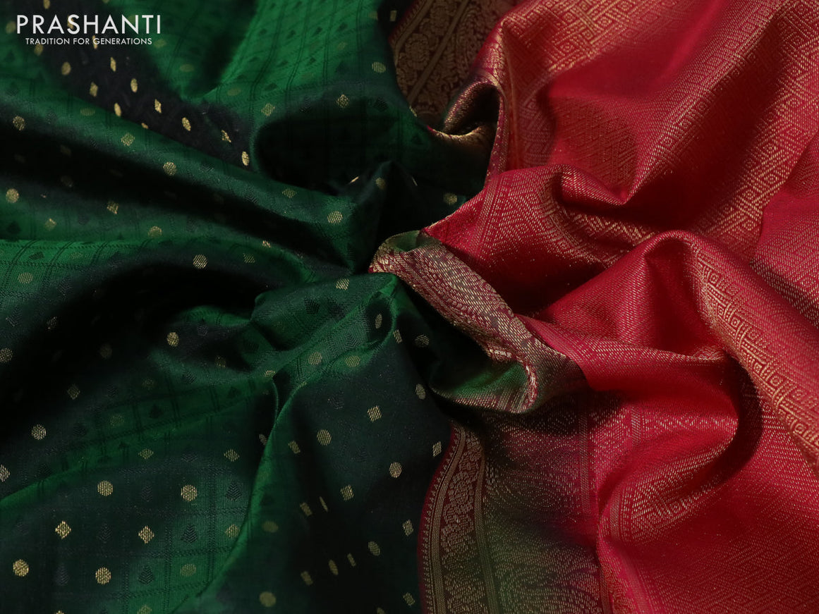 Pure kanchipuram silk saree bottle green and pink with allover self emboss & zari buttas and zari woven border