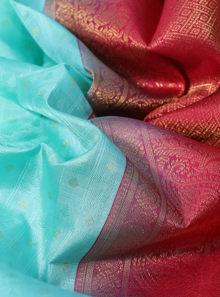 Pure kanchipuram silk saree teal blue and pink with allover self emboss & zari buttas and zari woven border