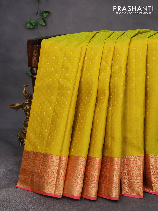 Pure kanchipuram silk saree lime yellow and pink with allover self emboss & zari buttas and zari woven border