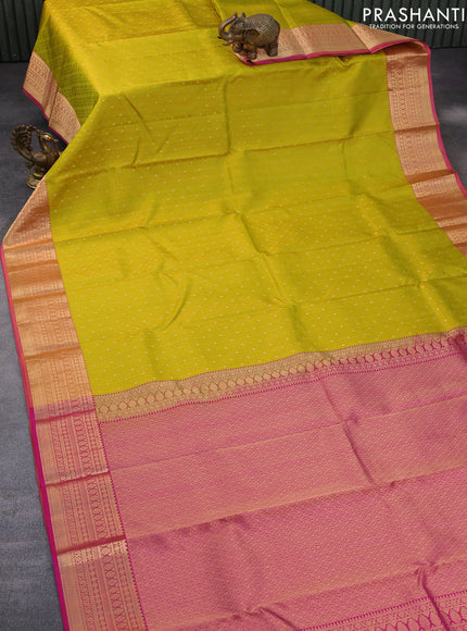 Pure kanchipuram silk saree lime yellow and pink with allover self emboss & zari buttas and zari woven border