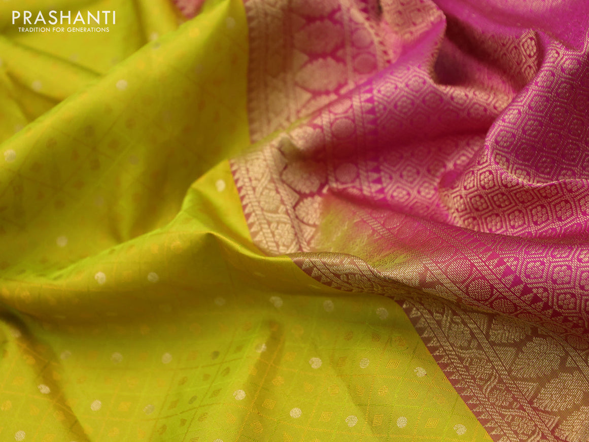 Pure kanchipuram silk saree lime yellow and pink with allover self emboss & zari buttas and zari woven border