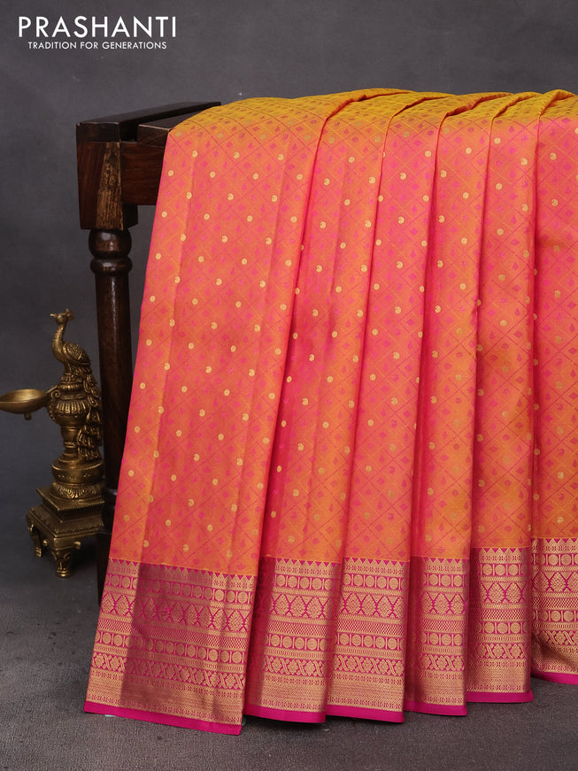 Pure kanchipuram silk saree dual shade of yellowish pink and pink with allover self emboss & zari buttas and zari woven border