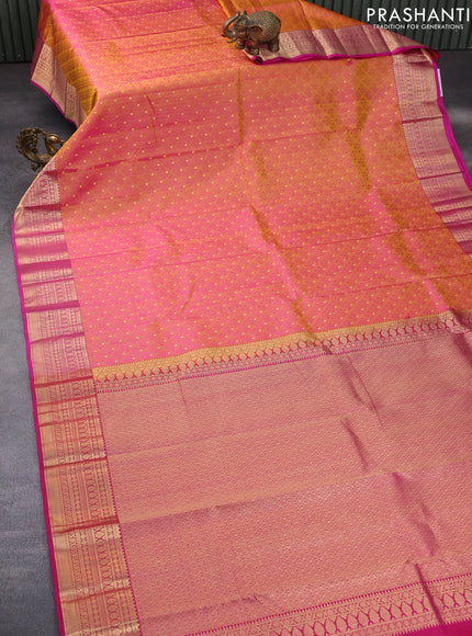 Pure kanchipuram silk saree dual shade of yellowish pink and pink with allover self emboss & zari buttas and zari woven border