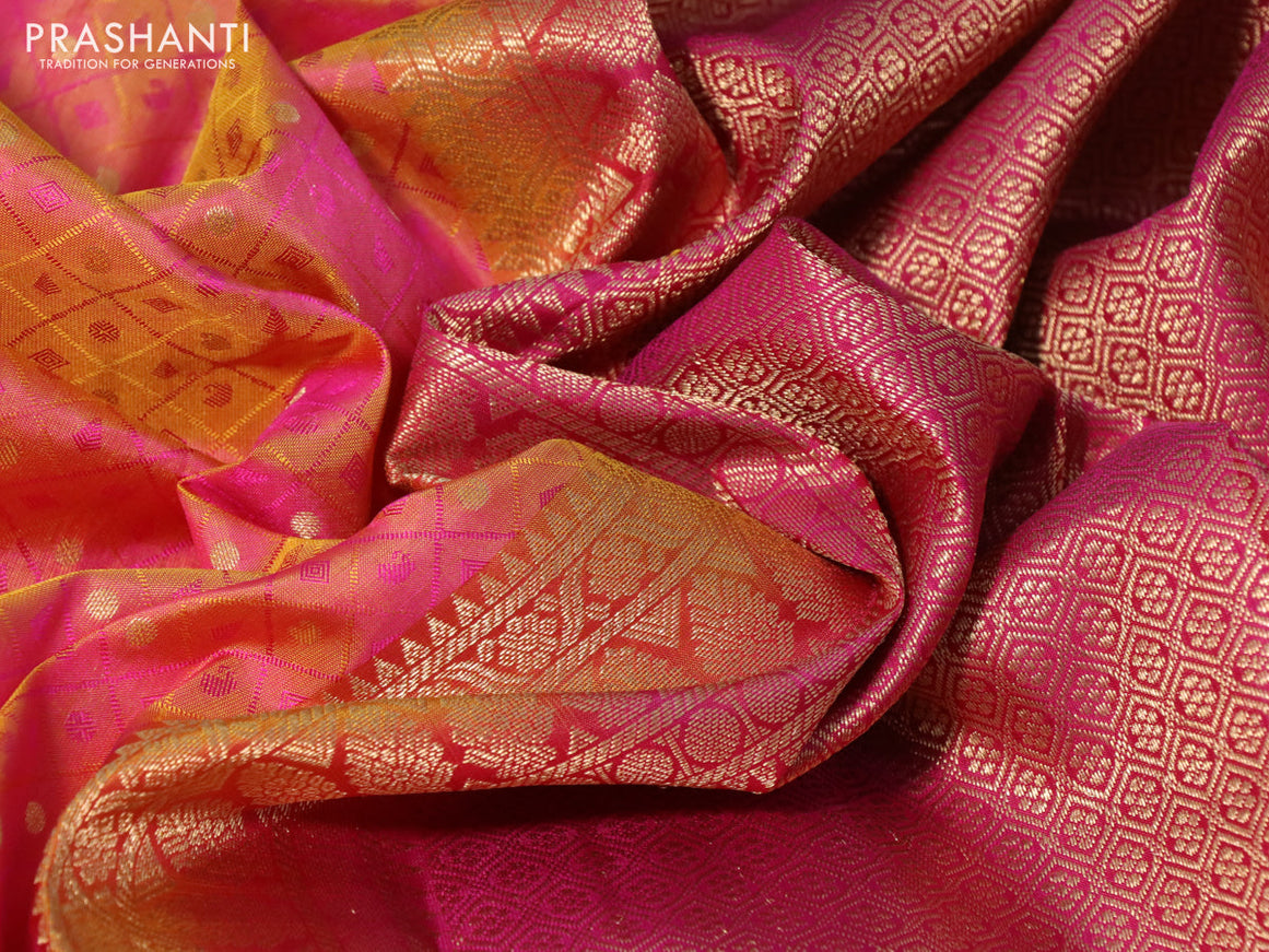 Pure kanchipuram silk saree dual shade of yellowish pink and pink with allover self emboss & zari buttas and zari woven border