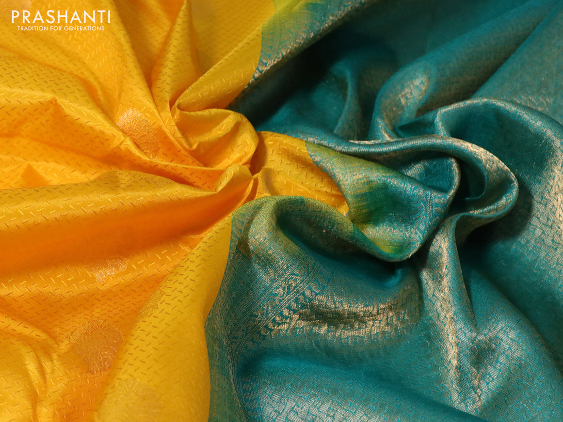 Pure kanchipuram silk saree mango yellow and teal green with allover self emboss & zari buttas and zari woven border