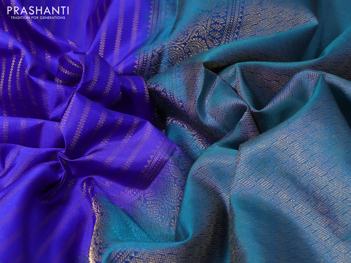 Pure kanchipuram silk saree royal blue and dual shade of teal blue with allover zari weaves and long zari woven border