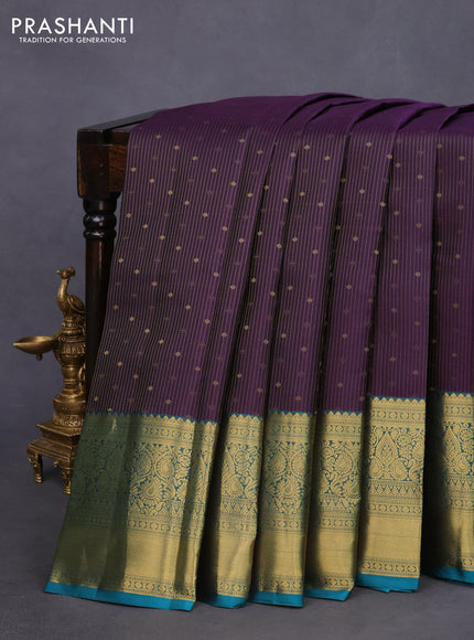 Pure kanchipuram silk saree deep violet and teal blue with allover zari weaves and long zari woven border