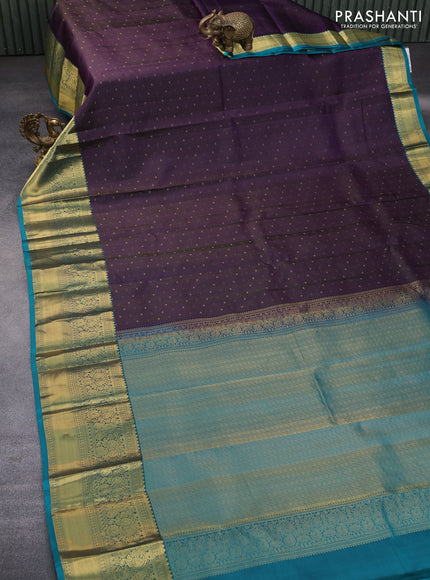 Pure kanchipuram silk saree deep violet and teal blue with allover zari weaves and long zari woven border