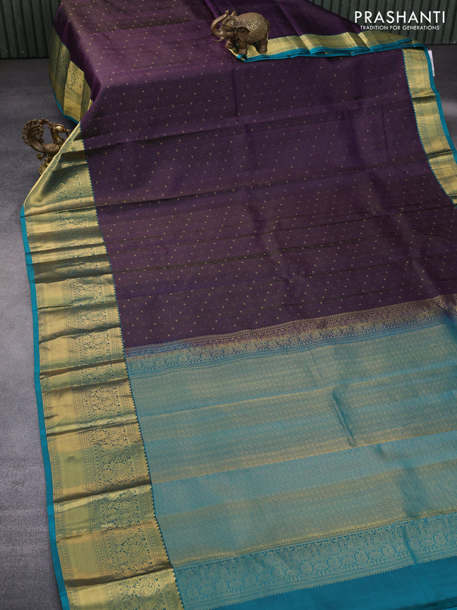 Pure kanchipuram silk saree deep violet and teal blue with allover zari weaves and long zari woven border