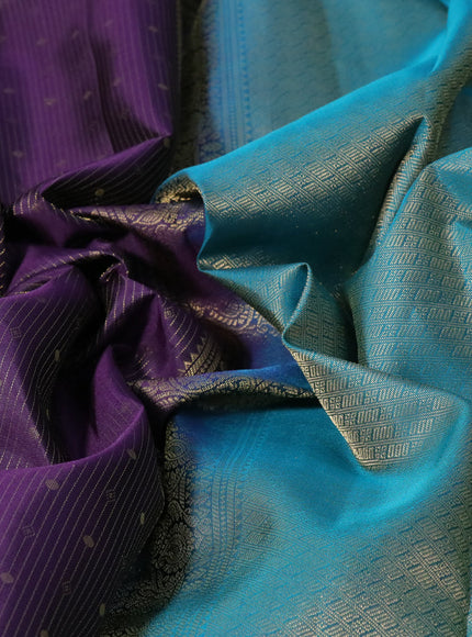 Pure kanchipuram silk saree deep violet and teal blue with allover zari weaves and long zari woven border