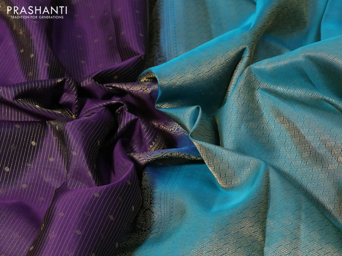 Pure kanchipuram silk saree deep violet and teal blue with allover zari weaves and long zari woven border