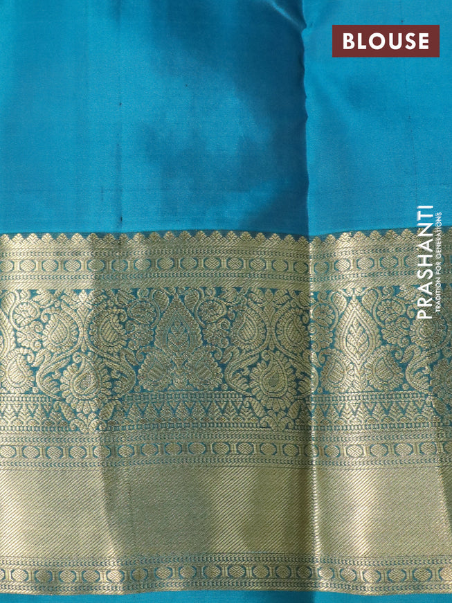 Pure kanchipuram silk saree deep violet and teal blue with allover zari weaves and long zari woven border