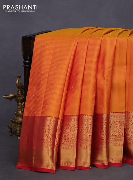 Pure kanchipuram silk saree dual shade of mustard and red with allover zari weaves and long zari woven border