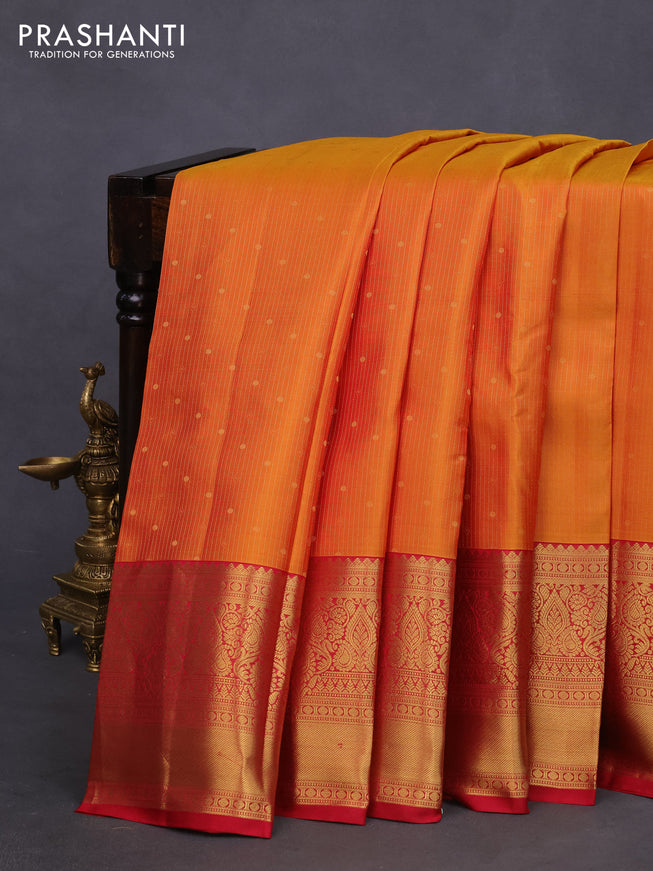 Pure kanchipuram silk saree dual shade of mustard and red with allover zari weaves and long zari woven border