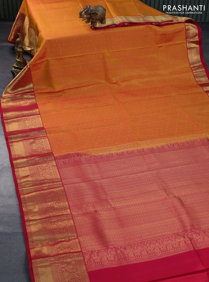 Pure kanchipuram silk saree dual shade of mustard and red with allover zari weaves and long zari woven border