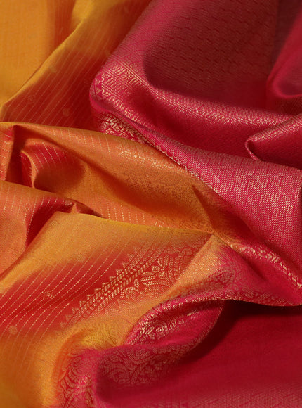 Pure kanchipuram silk saree dual shade of mustard and red with allover zari weaves and long zari woven border