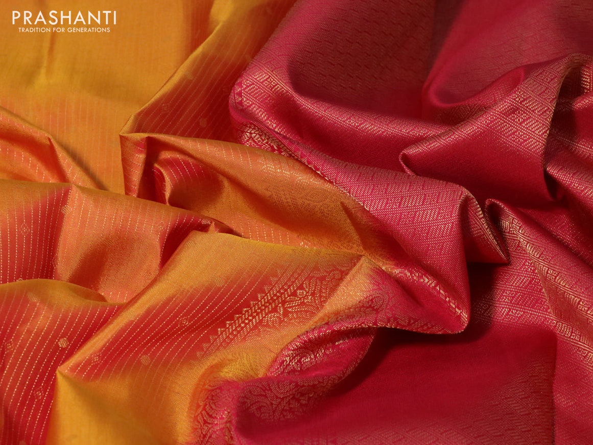 Pure kanchipuram silk saree dual shade of mustard and red with allover zari weaves and long zari woven border