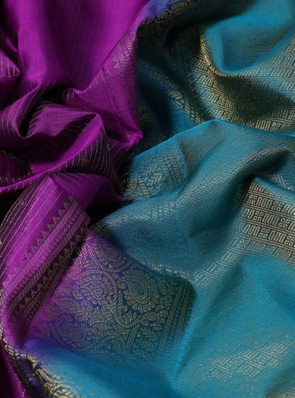 Pure kanchipuram silk saree purple and teal blue with allover zari weaves and long zari woven border