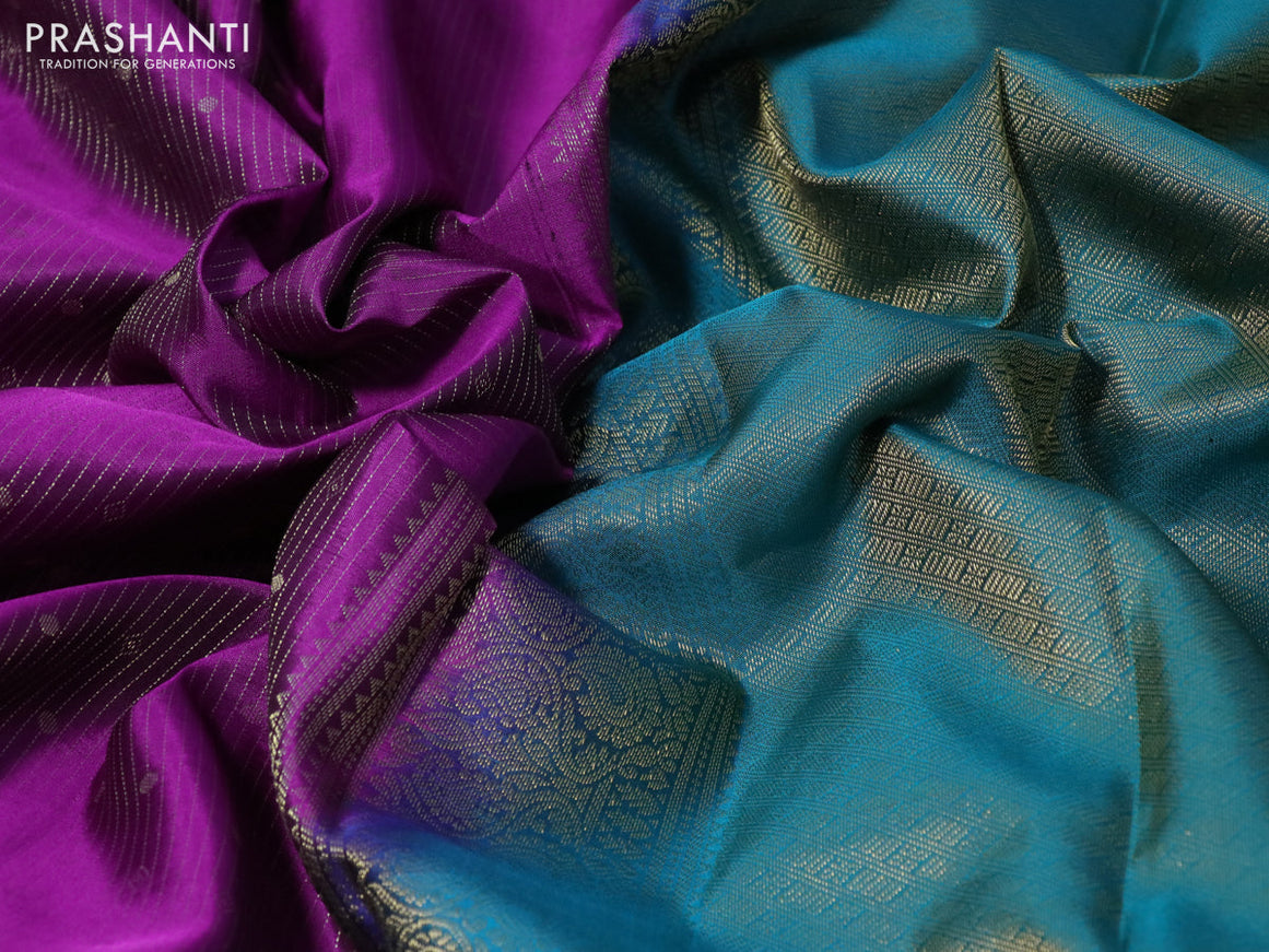 Pure kanchipuram silk saree purple and teal blue with allover zari weaves and long zari woven border