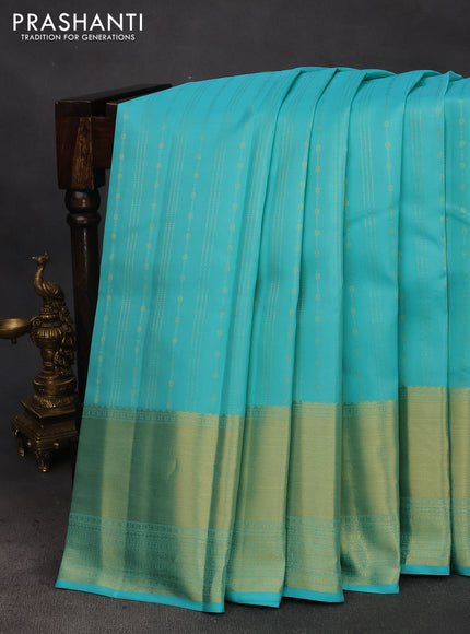 Pure kanchipuram silk saree teal blue with allover zari weaves and long zari woven border