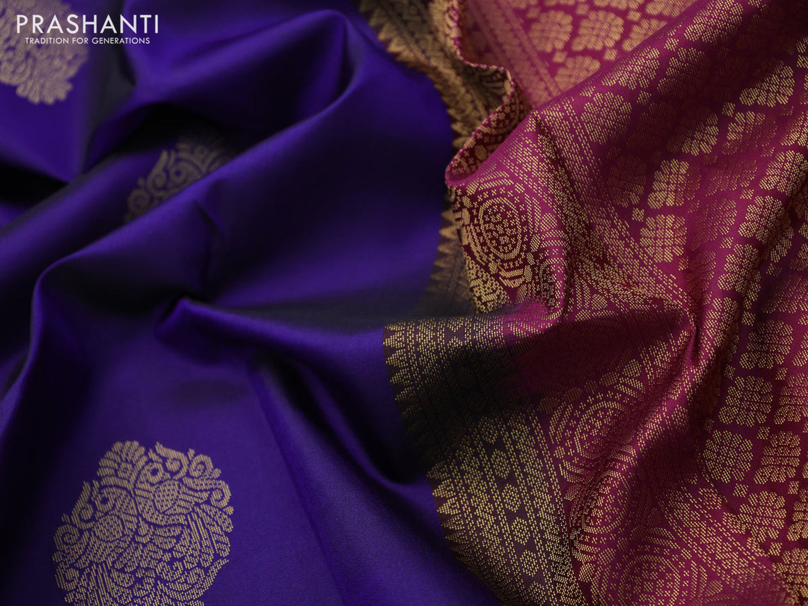 Pure kanchipuram silk saree blue and dark magenta pink with zari woven buttas and zari woven border