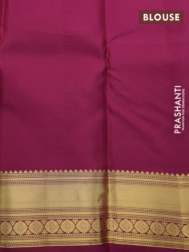 Pure kanchipuram silk saree blue and dark magenta pink with zari woven buttas and zari woven border