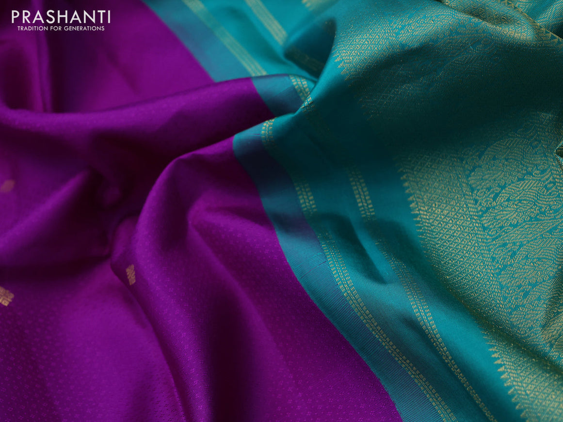 Pure kanchipuram silk saree purple and teal green with allover self emboss & buttas and zari woven korvai border