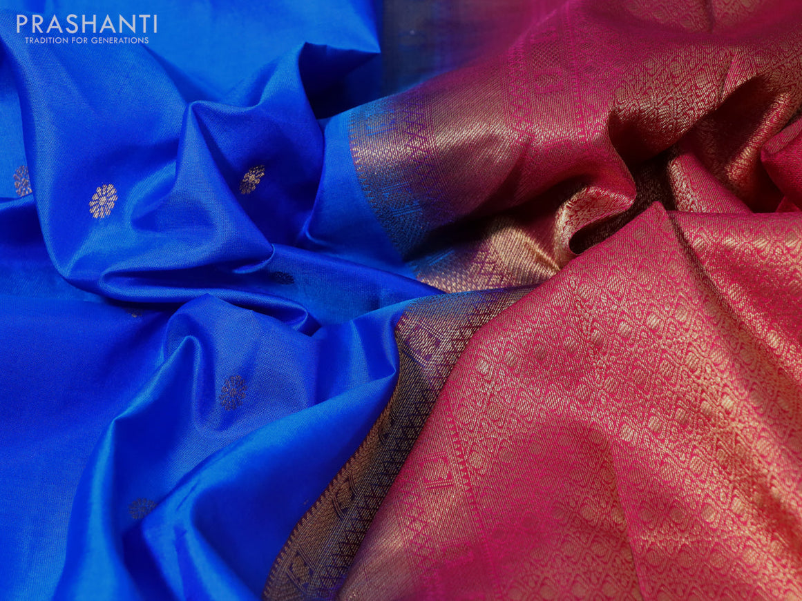 Pure kanchipuram silk saree royal blue and pink with zari woven buttas and zari woven border