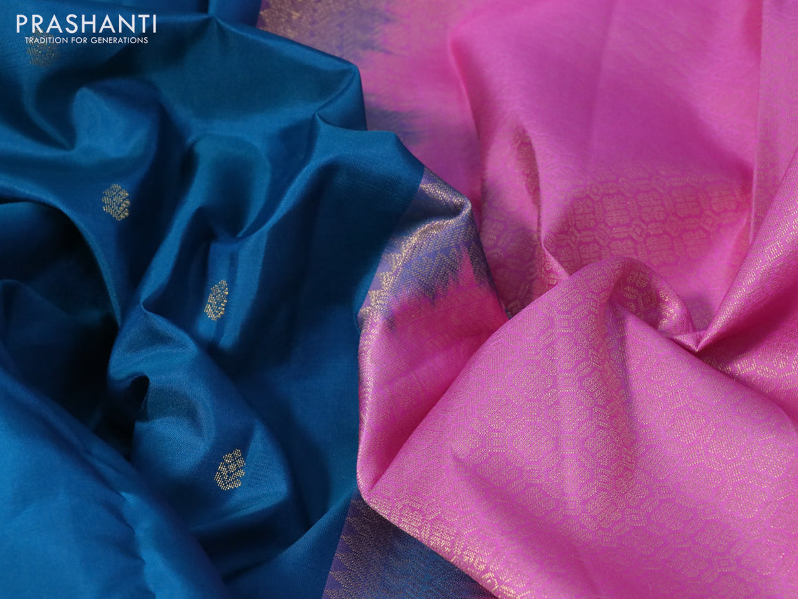 Pure kanchipuram silk saree peacock blue and light pink with zari woven buttas and zari woven korvai border